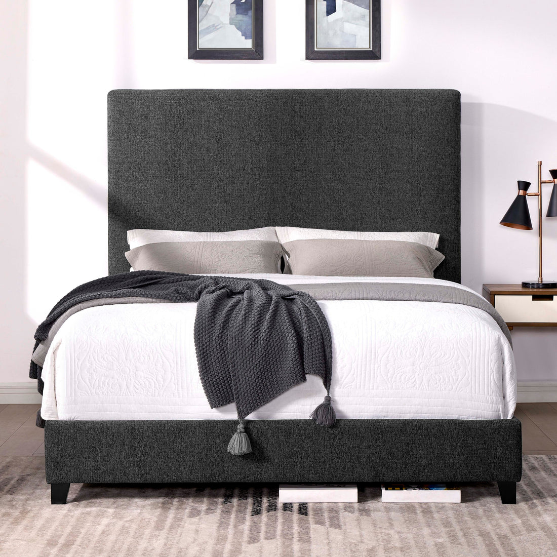 Queen Size Charcoal Grey Upholstered Platform Bed Box Spring Required Queen Grey Wood Bedroom Contemporary,Modern,Transitional Bed Frame Foam Polyester Polyester