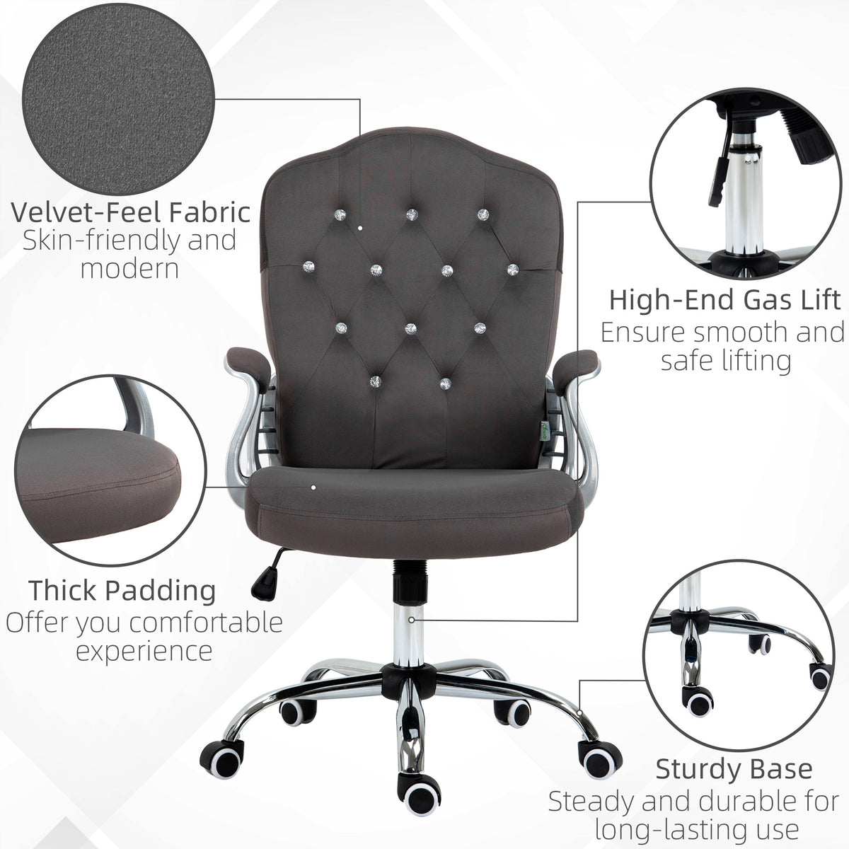 Vinsetto Home Office Chair, Velvet Computer Chair, Button Tufted Desk Chair With Swivel Wheels, Adjustable Height, And Tilt Function, Dark Gray Gray Polyester