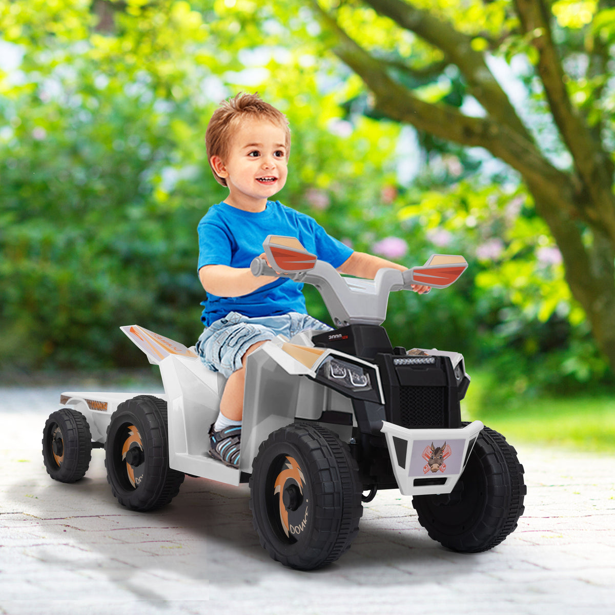 6V Kids Electric Atv, Toddler Ride On Car With Trailer, Music, Bluetooth And Power Display For Boys And Girls, White White Polypropylene