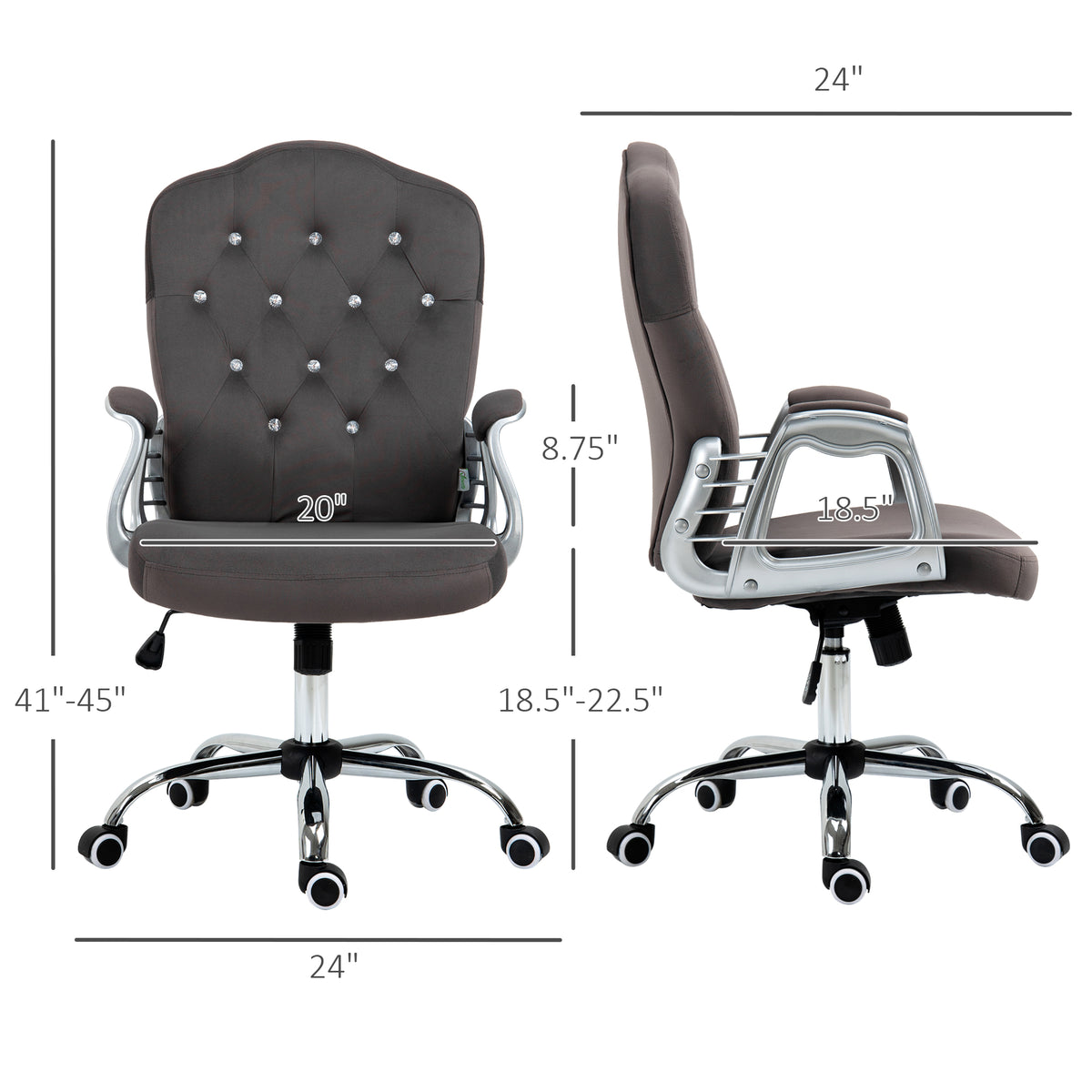 Vinsetto Home Office Chair, Velvet Computer Chair, Button Tufted Desk Chair With Swivel Wheels, Adjustable Height, And Tilt Function, Dark Gray Gray Polyester