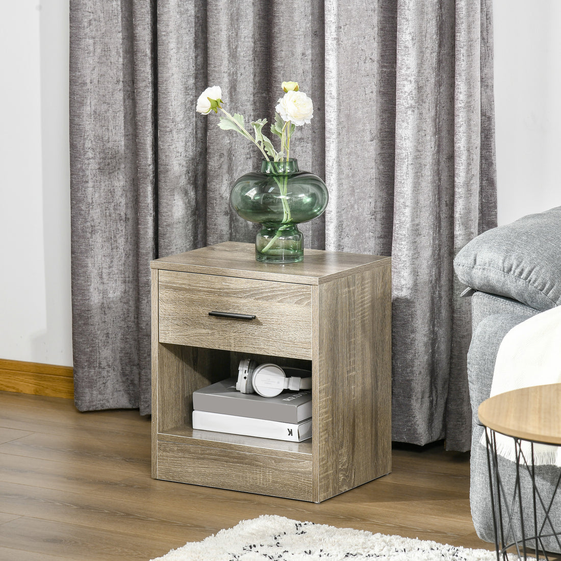 Homcom Side Table, Small End Table With Storage Shelf And Drawer, Modern Bedside Table For Bedroom Or Living Room, Gray Wood Grain Gray Particle Board