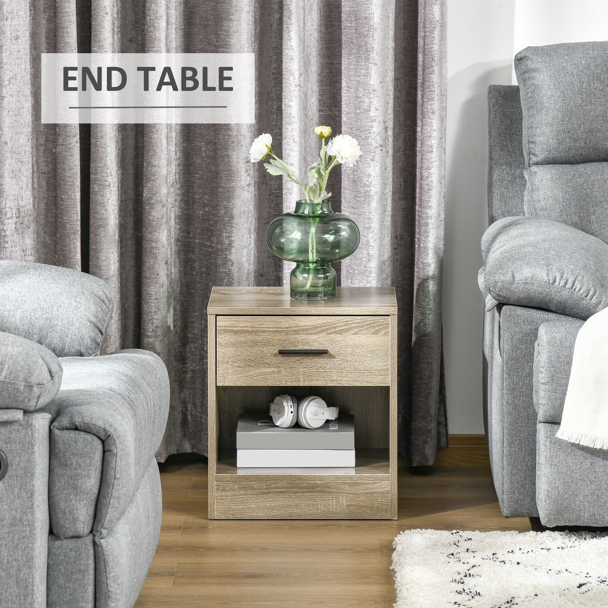 Homcom Side Table, Small End Table With Storage Shelf And Drawer, Modern Bedside Table For Bedroom Or Living Room, Gray Wood Grain Gray Particle Board