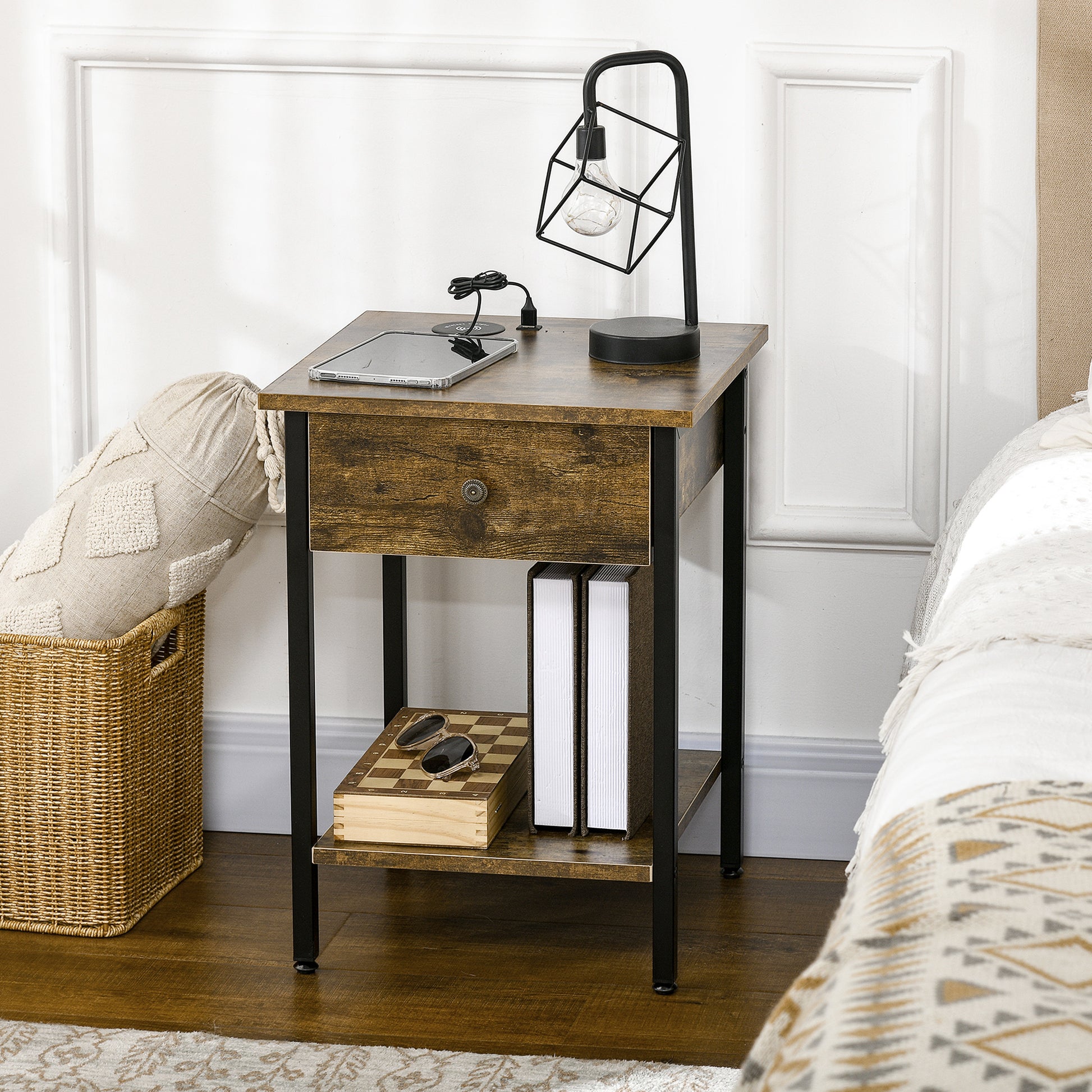 Homcom End Table With Wireless Charging Station And 2 Usb Ports, Small Side Table With 2 Tier Storage, Drawer For Living Room, Bedroom, Rustic Brown Brown Particle Board