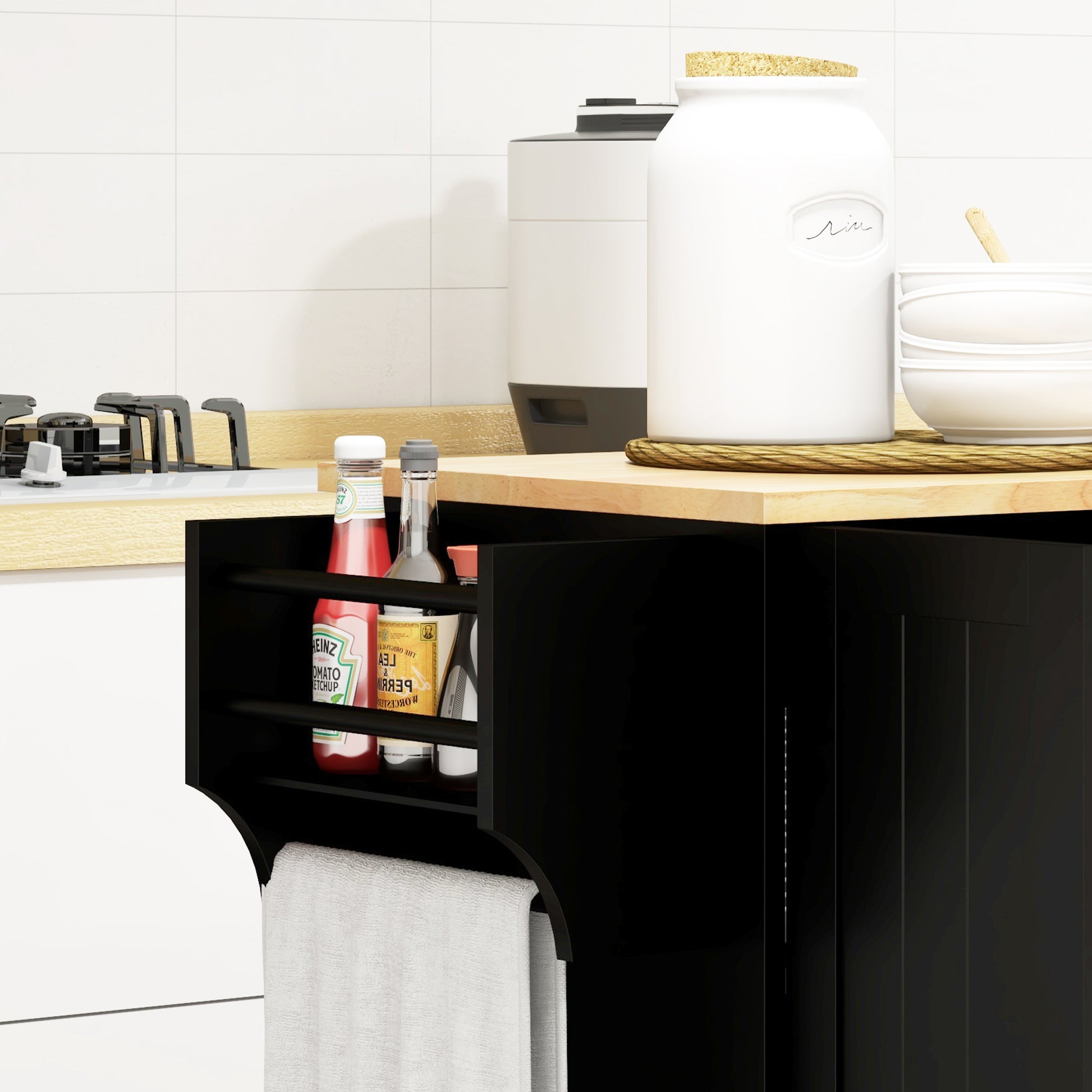 Homcom Kitchen Island On Wheels, Rolling Kitchen Cart With Rubberwood Top, Drawer, Spice Rack, Towel Rack, Storage Cabinet With Inner Adjustable Shelves, Black Black Mdf