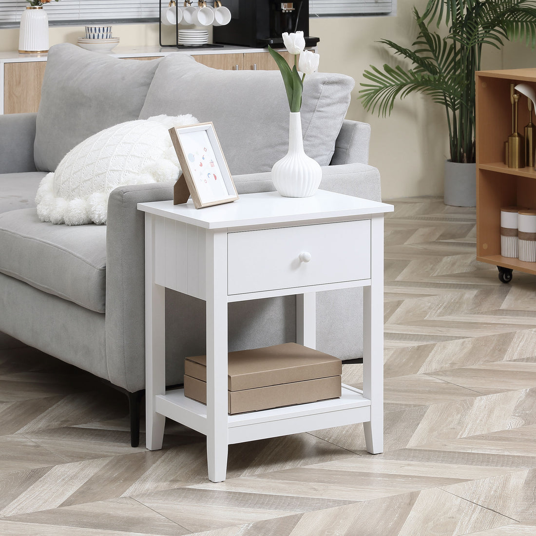 Homcom End Table, 2 Tier Side Table With Drawer And Storage Shelf, Modern Beside Table For Bedroom, Living Room, White White Mdf
