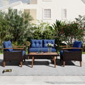 4 Piece Garden Furniture, Patio Seating Set, Pe Rattan Outdoor Sofa Set, Wood Table And Legs, Brown And Blue Yes Blue Shredded Polyurethane Foam Polyester,Wicker