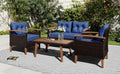 4 Piece Garden Furniture, Patio Seating Set, Pe Rattan Outdoor Sofa Set, Wood Table And Legs, Brown And Blue Yes Blue Shredded Polyurethane Foam Polyester,Wicker