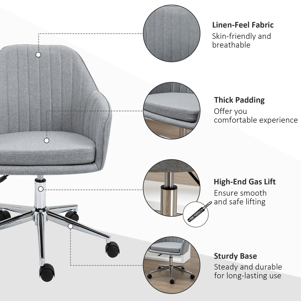 Vinsetto Mid Back Task Chair, Fabric Home Office Chair, Swivel Desk Chair With Tub Shape Design & Lined Pattern Back For Living Room, Bedroom, Gray Gray Polyester