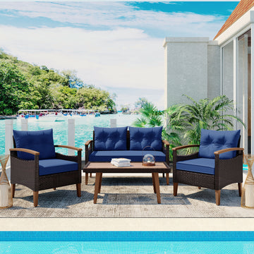 4 Piece Garden Furniture, Patio Seating Set, Pe Rattan Outdoor Sofa Set, Wood Table And Legs, Brown And Blue Yes Blue Shredded Polyurethane Foam Polyester,Wicker