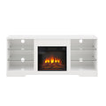 Tv Stand Electric Fireplace Tv Stand With Glass Shelves, 3D Fireplace Tv Stand With Led Lights Wood With Usb Charging Outlet Modern Television Table Center For Tv Up To 32 62