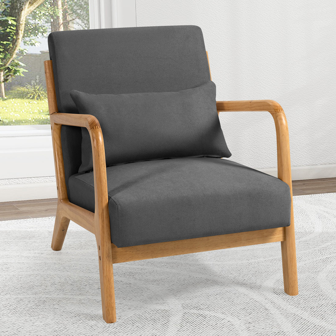 Leisure Chair With Solid Wood Armrest And Feet, Mid Century Modern Accent Sofa,1 Seat Dark Grey Linen
