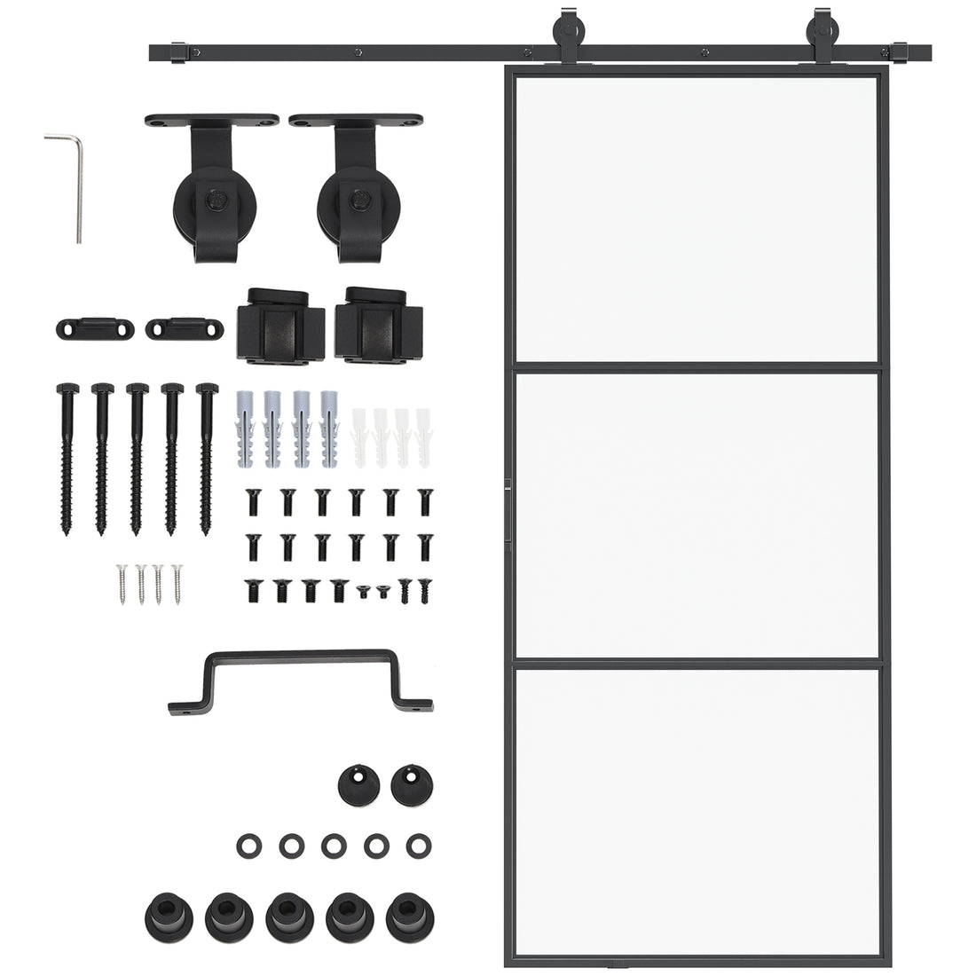 Homcom 36" X 84" Sliding Door With Hardware Kit, Handle, & Track, Industrial Frosted Tempered Glass Door With Carbon Steel, Easy Installation Black Carbon Steel