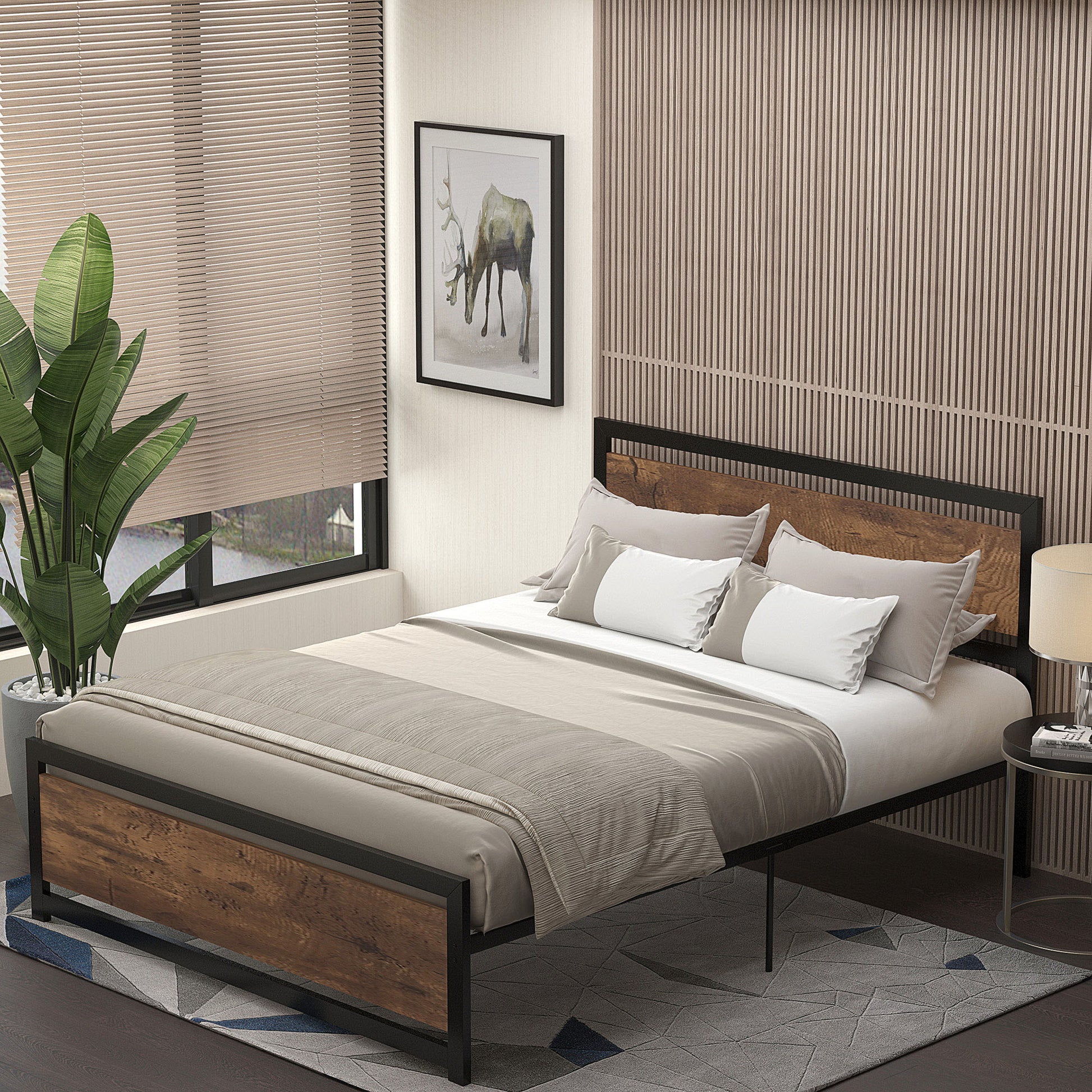 Homcom Queen Bed Frame With Headboard & Footboard, Strong Metal Slat Support Bed Frame W Underbed Storage Space, No Box Spring Needed, 63''X82''X40.5'' Brown Mdf