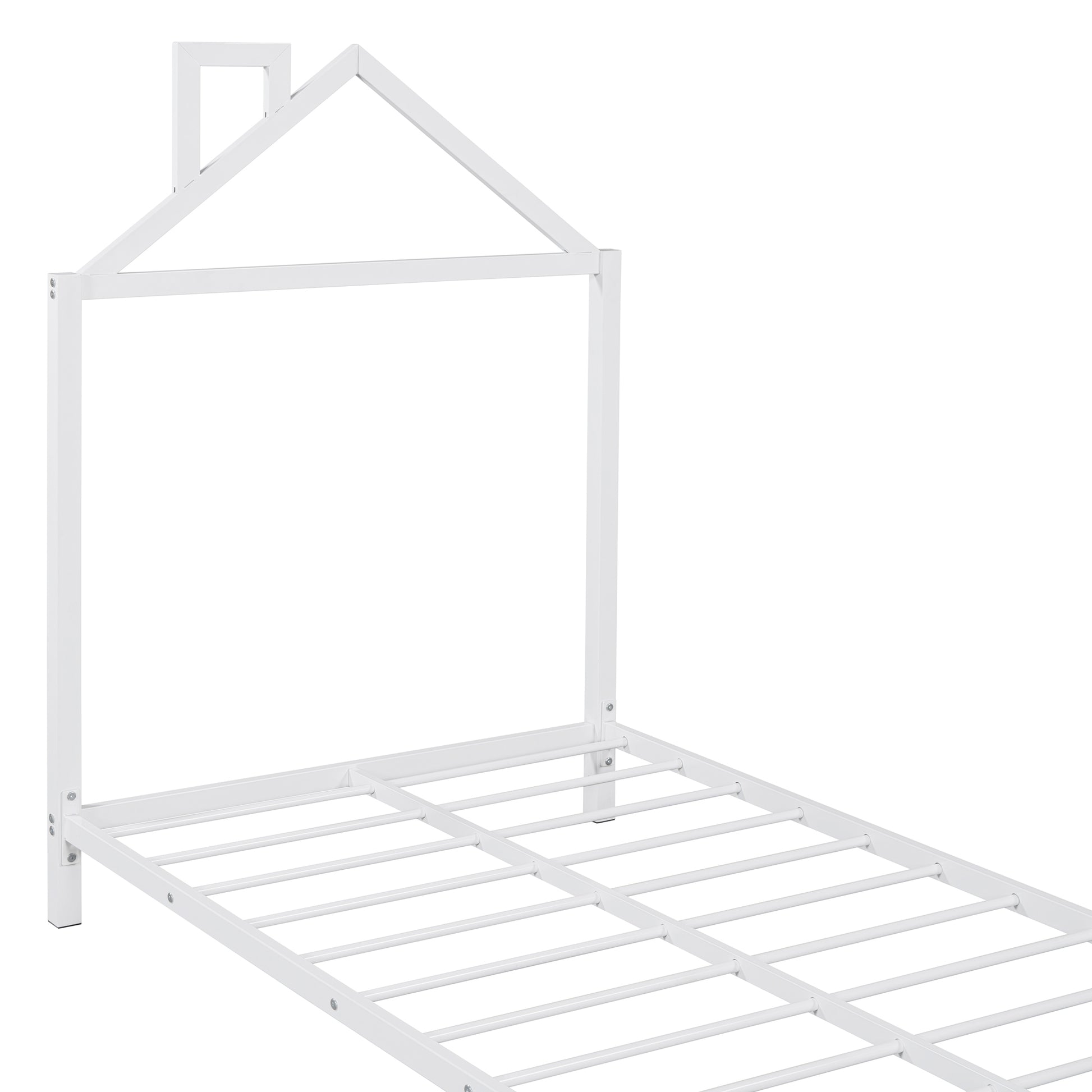 Twin Size Metal Platform Bed With House Shaped Headboard Design, White White Metal