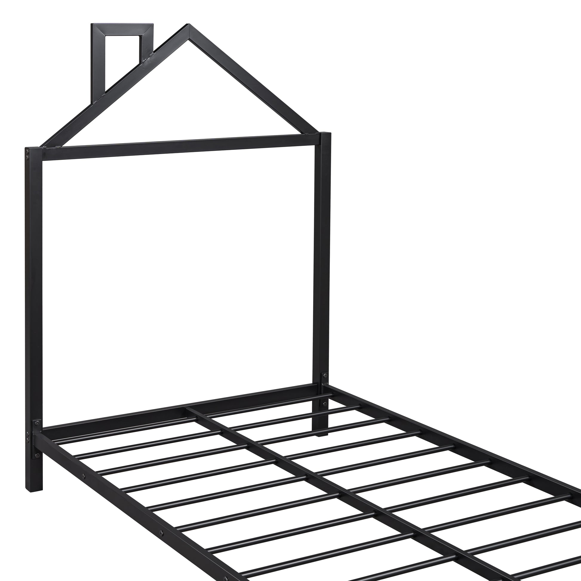 Twin Size Metal Platform Bed With House Shaped Headboard Design, Black Black Metal