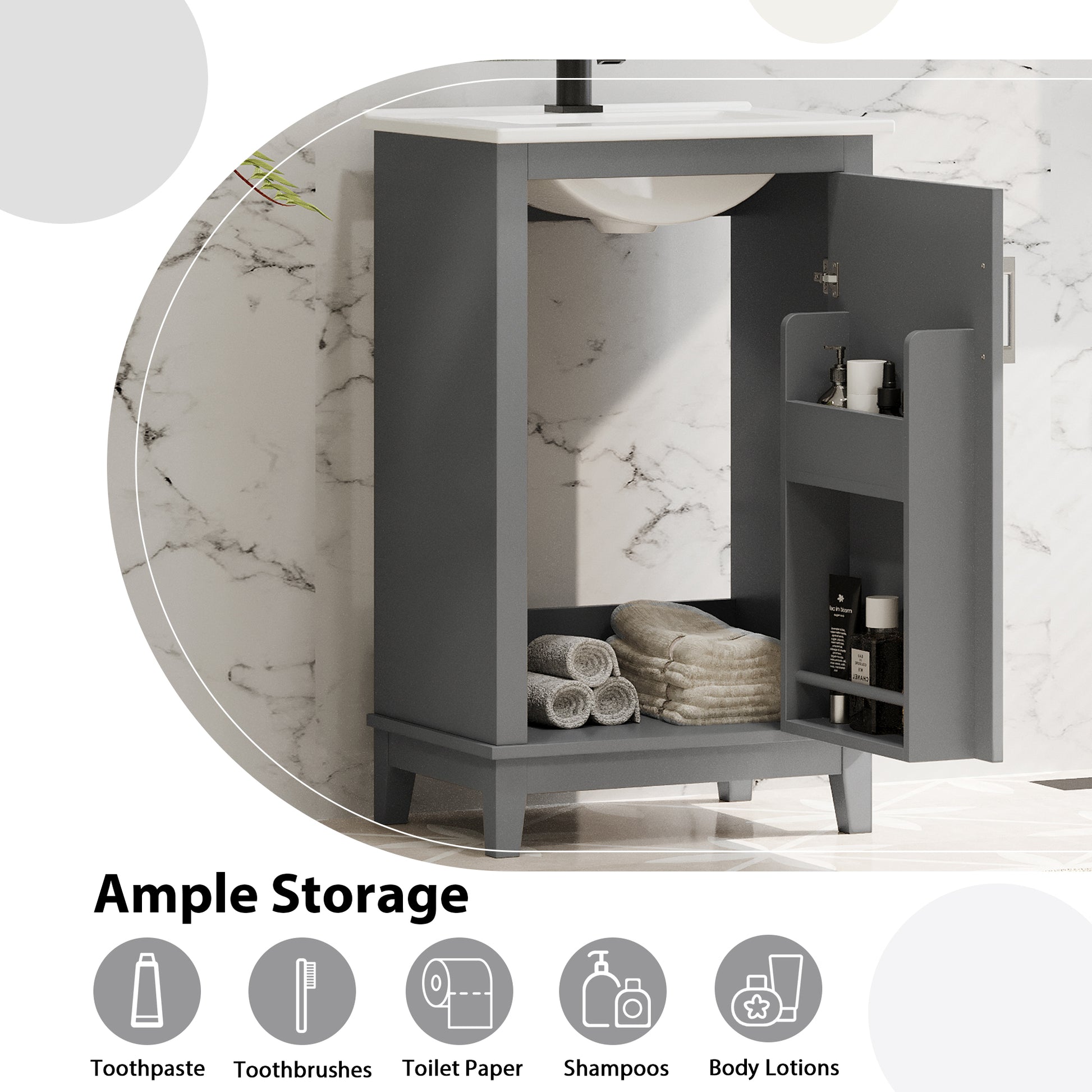 Viedo 20 Inch Modern Small Bathroom Vanity Cabinet With Ceramic Basin 20*15.5*33.3 Inches,Ample Storage,1 Soft Close Door Gray Solid Wood Mdf