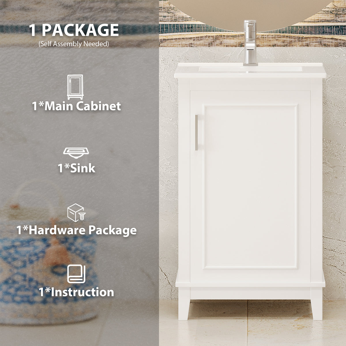 Viedo 20 Inch Modern Small Bathroom Vanity Cabinet With Ceramic Basin 20*15.5*33.3 Inches,Ample Storage,1 Soft Close Door White Solid Wood Mdf