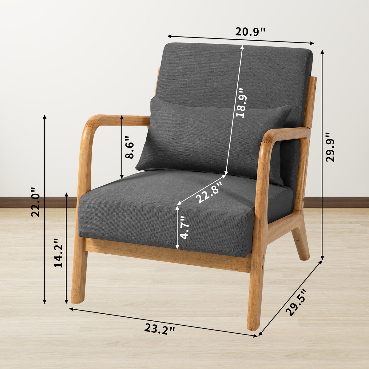 Leisure Chair With Solid Wood Armrest And Feet, Mid Century Modern Accent Sofa,1 Seat Dark Grey Linen