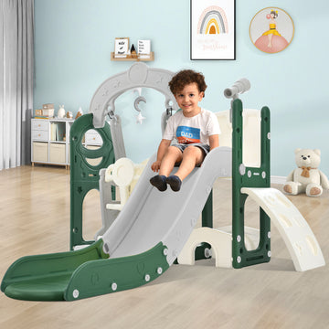 Toddler Slide And Swing Set 5 In 1, Kids Playground Climber Slide Playset With Telescope, Freestanding Combination For Babies Indoor & Outdoor Green Hdpe