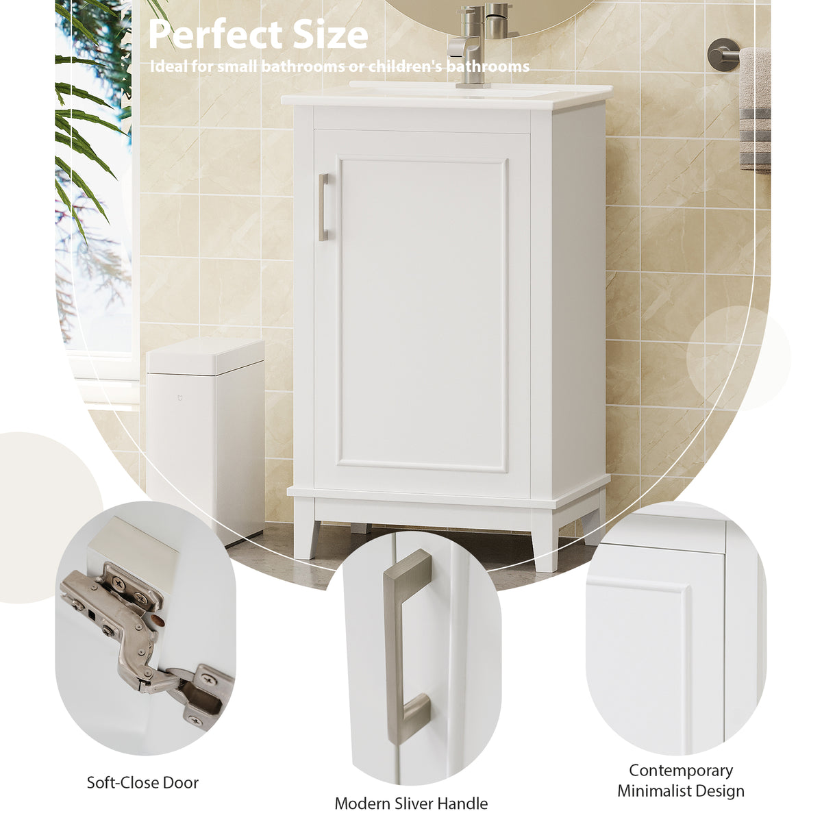 Viedo 20 Inch Modern Small Bathroom Vanity Cabinet With Ceramic Basin 20*15.5*33.3 Inches,Ample Storage,1 Soft Close Door White Solid Wood Mdf