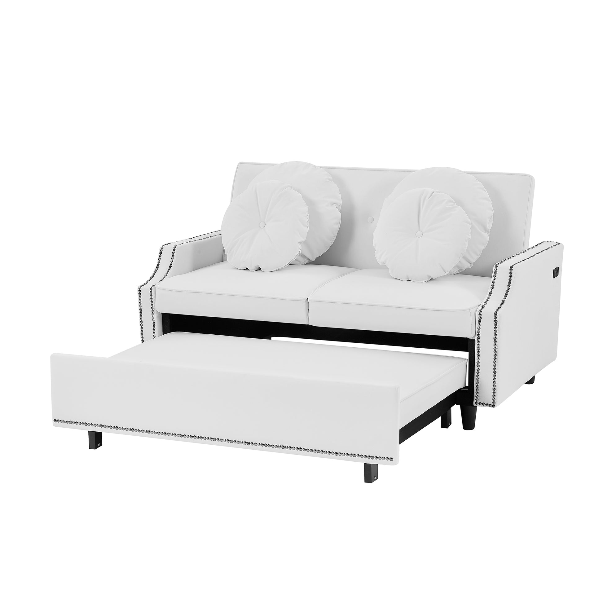54.7" Multiple Adjustable Positions Sofa Bed Stylish Sofa Bed With A Button Tufted Backrest, Two Usb Ports And Four Floral Lumbar Pillows For Living Room, Bedroom,Or Small Space, Beige Beige Foam Polyester 2 Seat