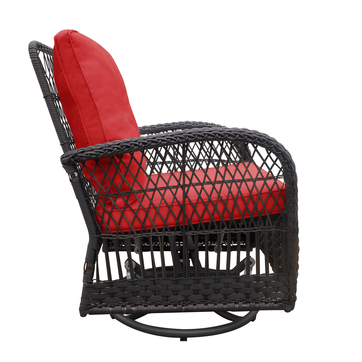 3 Pieces Conversation Set, Outdoor Wicker Rocker Swivel Patio Bistro Set, Rocking Chair With Glass Top Side Table,Red Yes Complete Patio Set Brown Rust Resistant Frame Water Resistant Cushion Garden & Outdoor Classic Complete Patio Sets Metal Metal