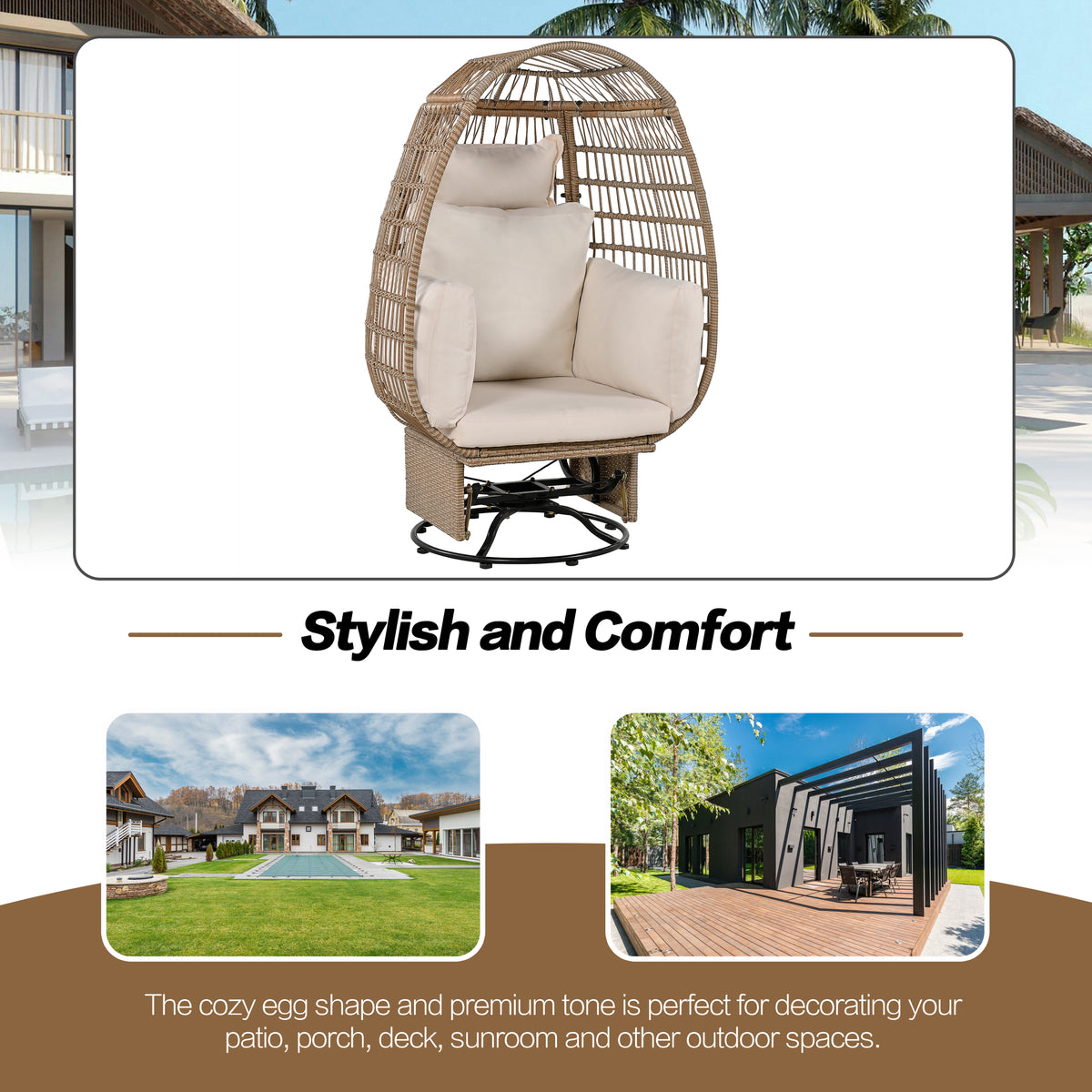 Outdoor Swivel Chair With Cushions, Rattan Egg Patio Chair With Rocking Function For Balcony, Poolside And Garden Natural Wicker Beige Cushion Natural Beige Wicker