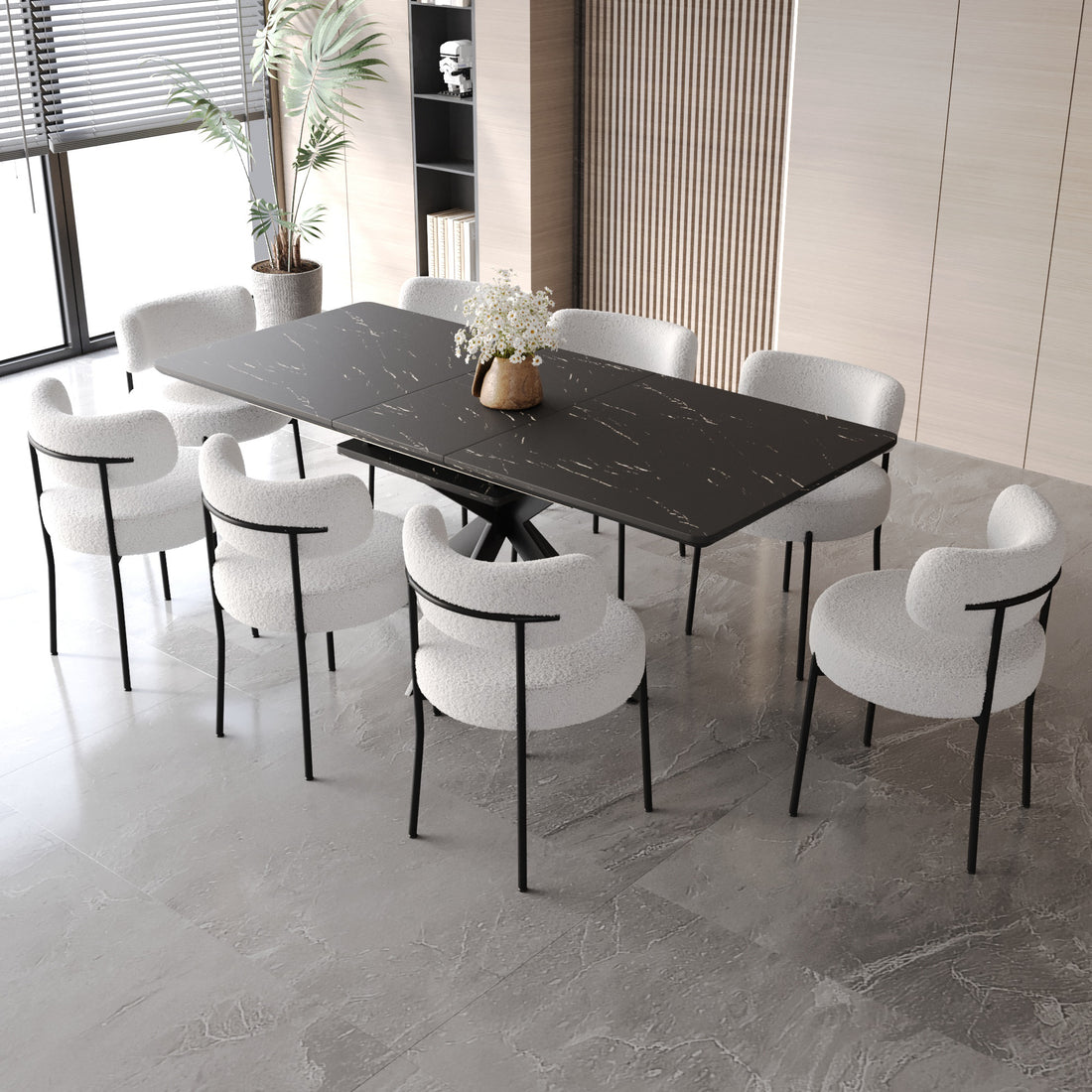 Scalable Dining Table Table Set For 4 8 Person For Dining Room,Curved Backrest Round Upholstered Soft Padded Armless Dining Chairs And Very Large Dining Room Table Kitchen Table Chair Set Black White Mdf Metal