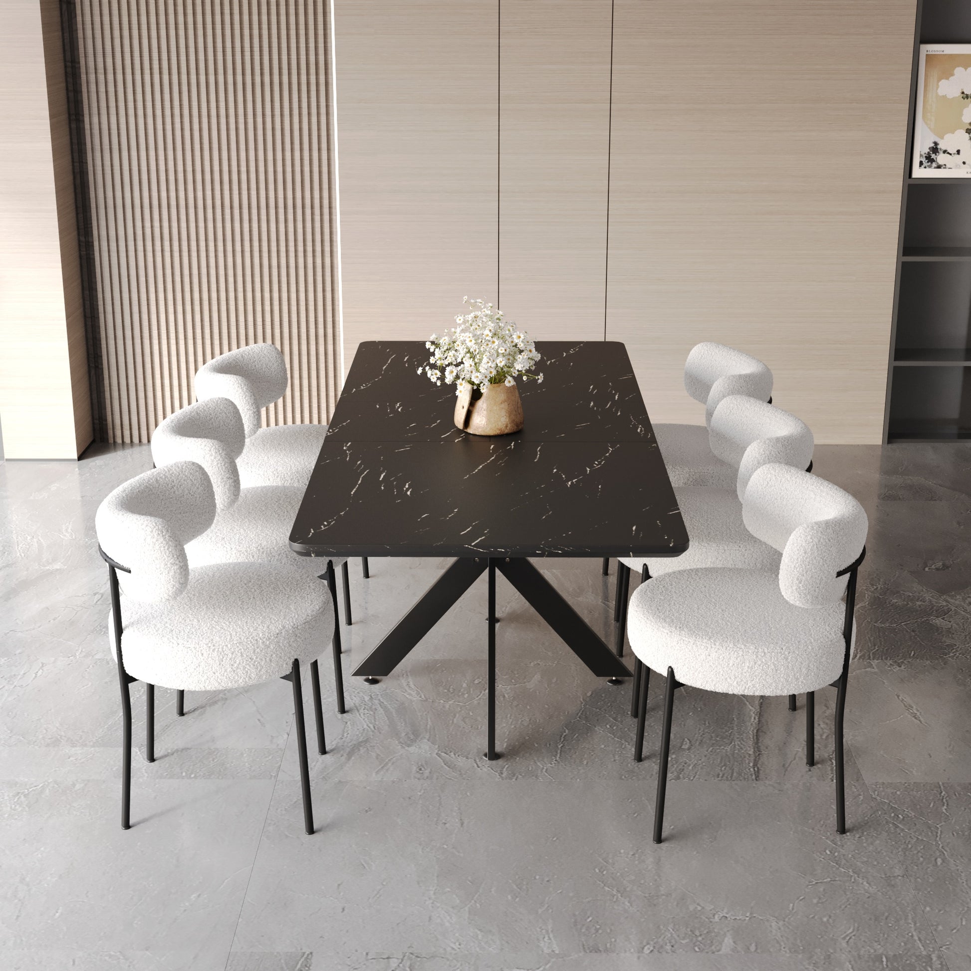 Scalable Dining Table Table Set For 6 8 Person For Dining Room,Curved Backrest Round Upholstered Soft Padded Armless Dining Chairs And Very Large Dining Room Table Kitchen Table Chair Set Black White Mdf Metal