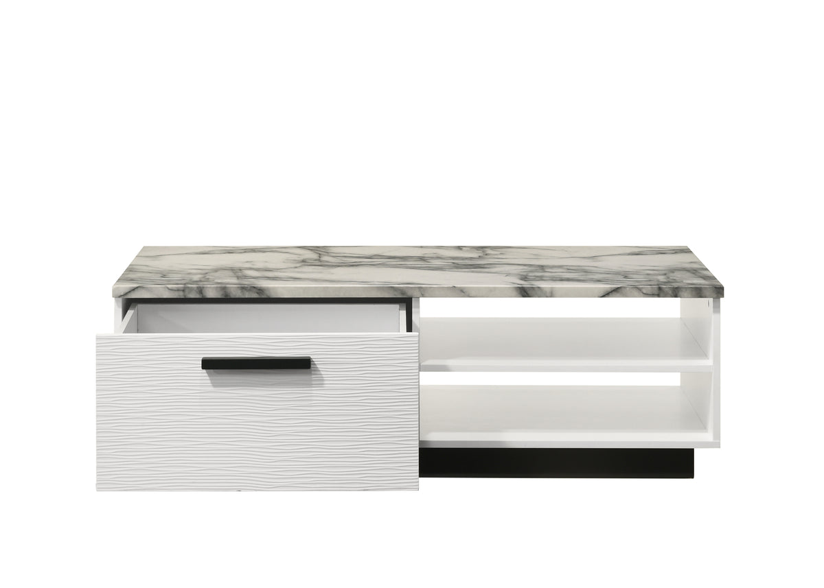 Matilda 47" White Coffee Table With White Faux Marble Top White Mdf