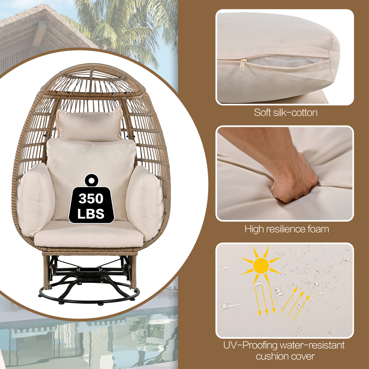 Outdoor Swivel Chair With Cushions, Rattan Egg Patio Chair With Rocking Function For Balcony, Poolside And Garden Natural Wicker Beige Cushion Natural Beige Wicker