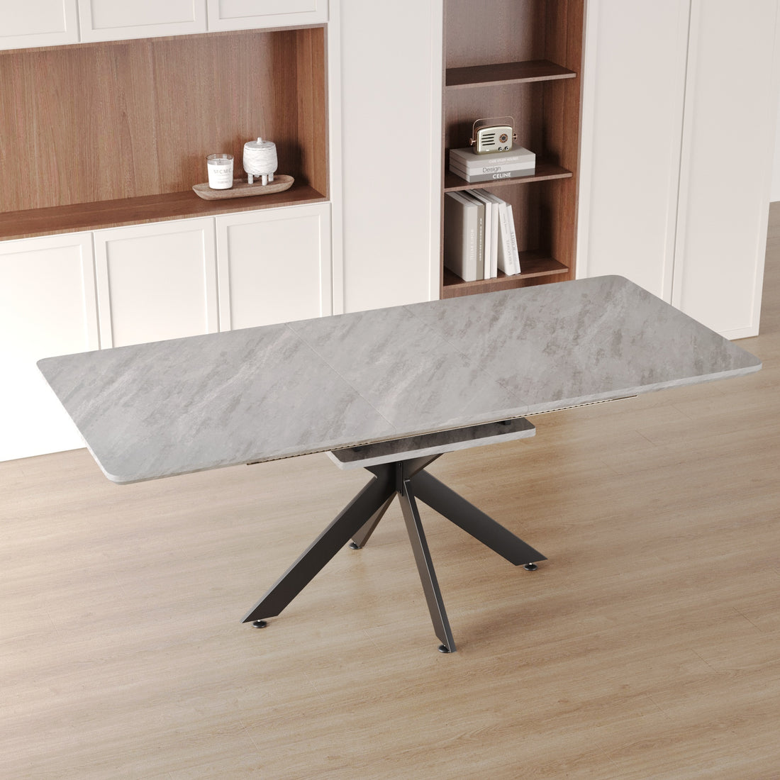62.4" Extendable 78.15"Very Large Grey Dining Table Modern Mid Century Kitchen Table Set For Dining Room, Party Table,Conference Table,Black Metal X Shape Legs. Grey Black Mdf