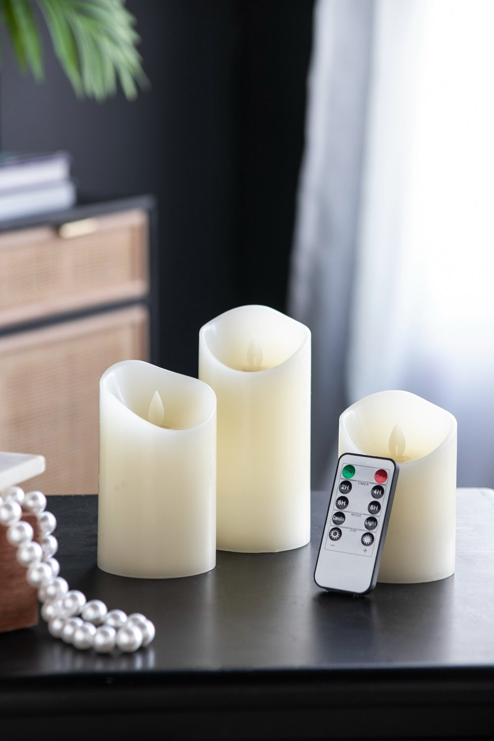 Set Of 3 Flickering Ivory Led Candles With Remote Timer, L:D3X6" M:D3X5" S:D3X4" Ivory Classic Plastic