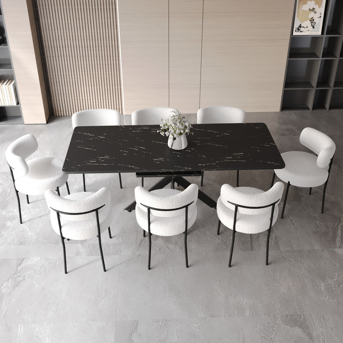 Scalable Dining Table Table Set For 4 8 Person For Dining Room,Curved Backrest Round Upholstered Soft Padded Armless Dining Chairs And Very Large Dining Room Table Kitchen Table Chair Set Black White Mdf Metal