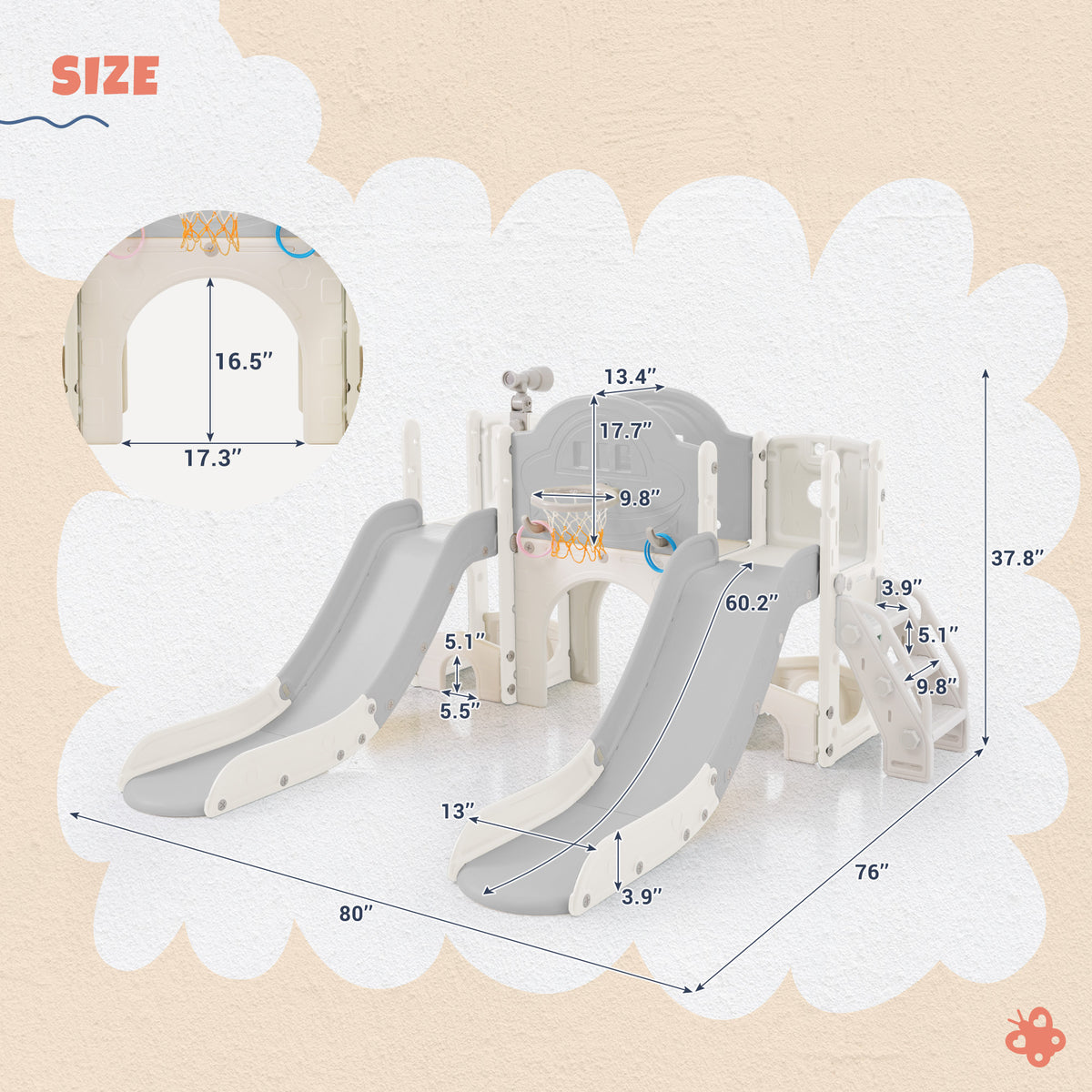Kids Slide Playset Structure 7 In 1, Freestanding Space Set With Slide, Arch Tunnel, Ring Toss And Basketball Hoop,Double Slides For Toddlers, Kids Climbers Playground Grey White Hdpe
