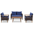 4 Piece Garden Furniture, Patio Seating Set, Pe Rattan Outdoor Sofa Set, Wood Table And Legs, Brown And Blue Yes Blue Shredded Polyurethane Foam Polyester,Wicker