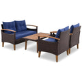 4 Piece Garden Furniture, Patio Seating Set, Pe Rattan Outdoor Sofa Set, Wood Table And Legs, Brown And Blue Yes Blue Shredded Polyurethane Foam Polyester,Wicker