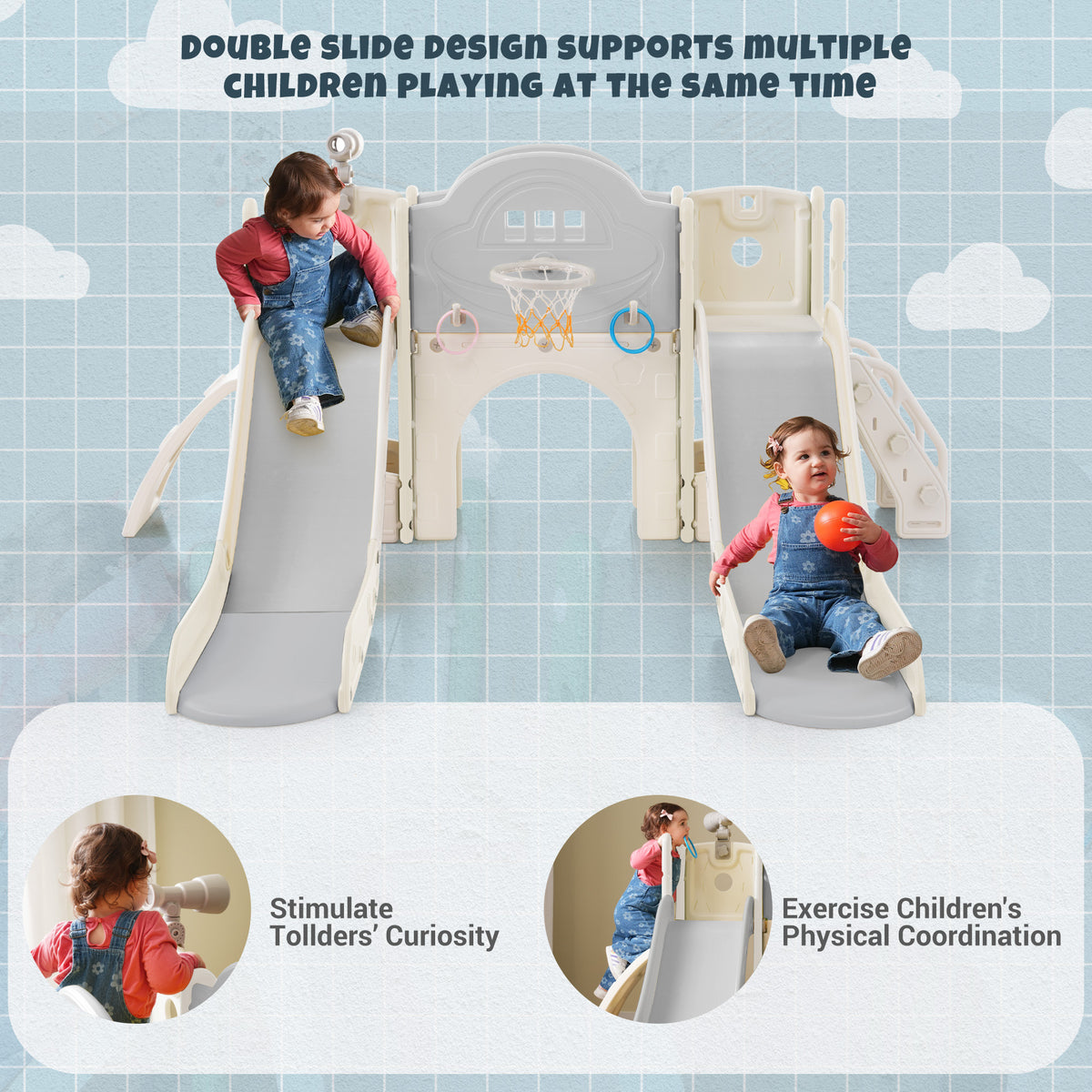 Kids Slide Playset Structure 7 In 1, Freestanding Space Set With Slide, Arch Tunnel, Ring Toss And Basketball Hoop,Double Slides For Toddlers, Kids Climbers Playground Grey White Hdpe