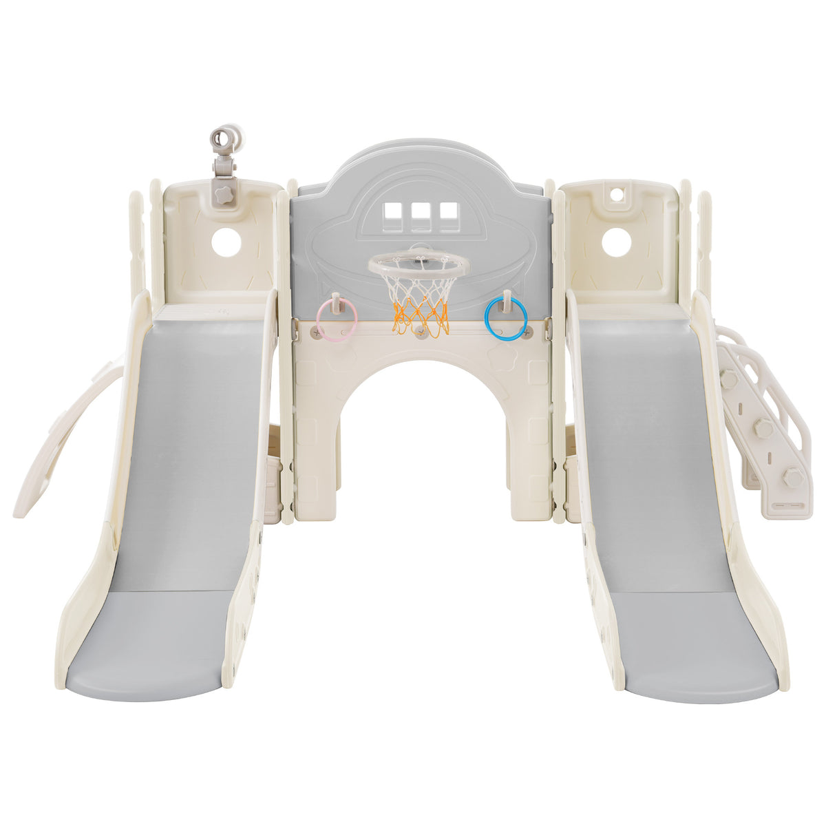 Kids Slide Playset Structure 7 In 1, Freestanding Space Set With Slide, Arch Tunnel, Ring Toss And Basketball Hoop,Double Slides For Toddlers, Kids Climbers Playground Grey White Hdpe