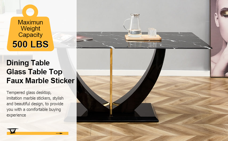 Modern Minimalist And Luxurious Black Imitation Marble Texture Dining Table Rectangular Office Desk.Game Desk .Desk.For Dining Room, Living Room, Terrace, Kitchen F 907 Black Mdf Glass