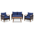 4 Piece Garden Furniture, Patio Seating Set, Pe Rattan Outdoor Sofa Set, Wood Table And Legs, Brown And Blue Yes Blue Shredded Polyurethane Foam Polyester,Wicker