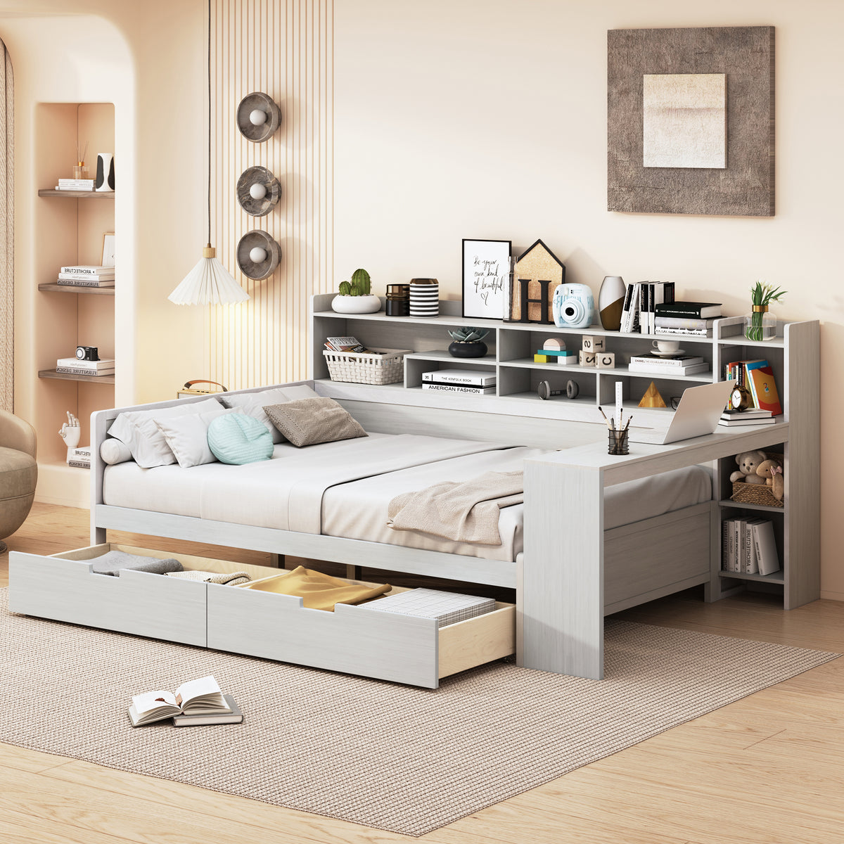 Wooden Full Size Daybed With Storage Shelves, Multi Functional Bed With Two Storage Drawers And Study Desk, Antique White Old Sku: Hl000089Aak Full Antique White Wood