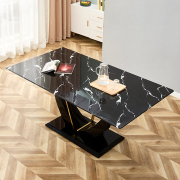 Modern Minimalist And Luxurious Black Imitation Marble Texture Dining Table Rectangular Office Desk.Game Desk .Desk.For Dining Room, Living Room, Terrace, Kitchen F 907 Black Mdf Glass