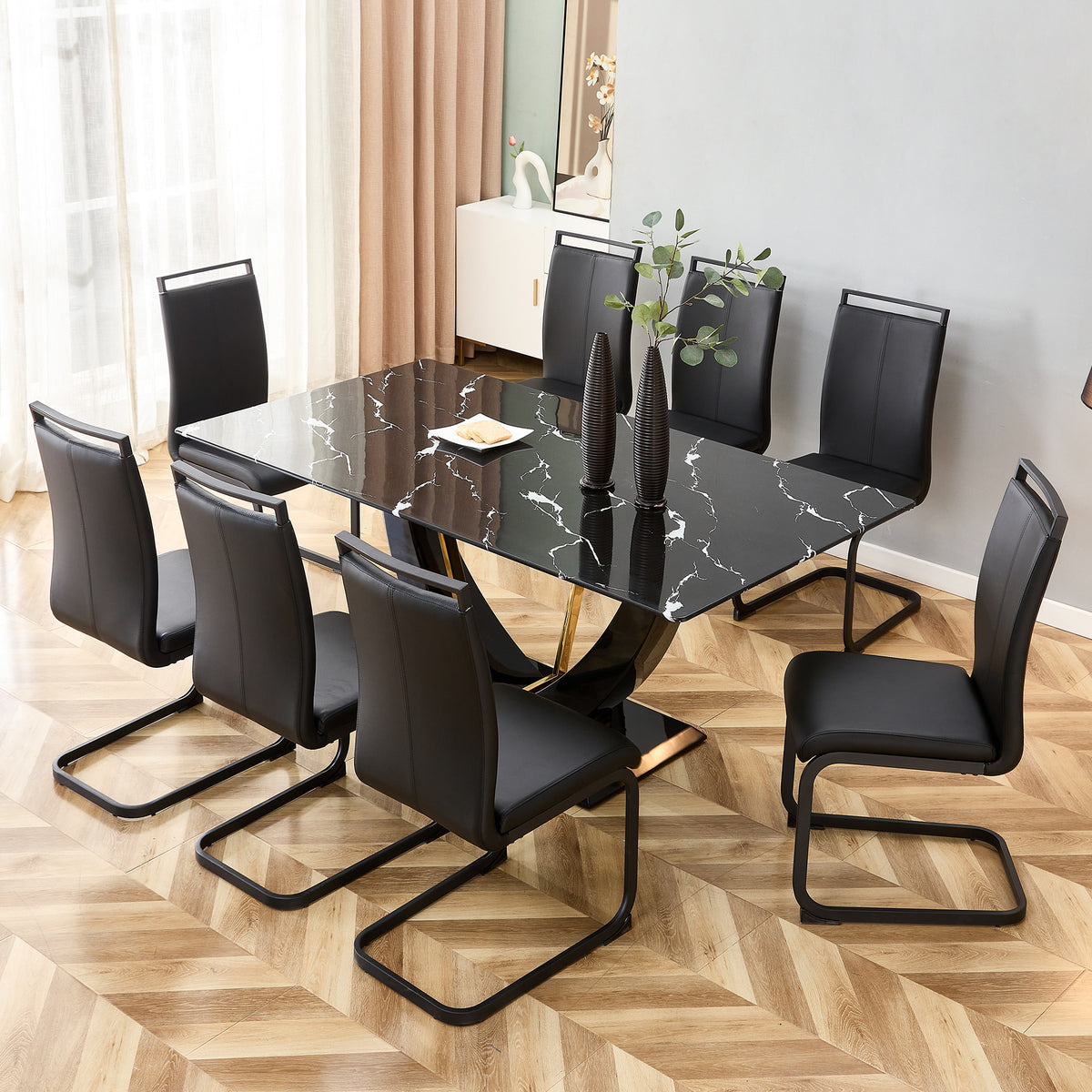 Modern Minimalist And Luxurious Black Imitation Marble Texture Dining Table Rectangular Office Desk.Game Desk .Desk.For Dining Room, Living Room, Terrace, Kitchen F 907 Black Mdf Glass