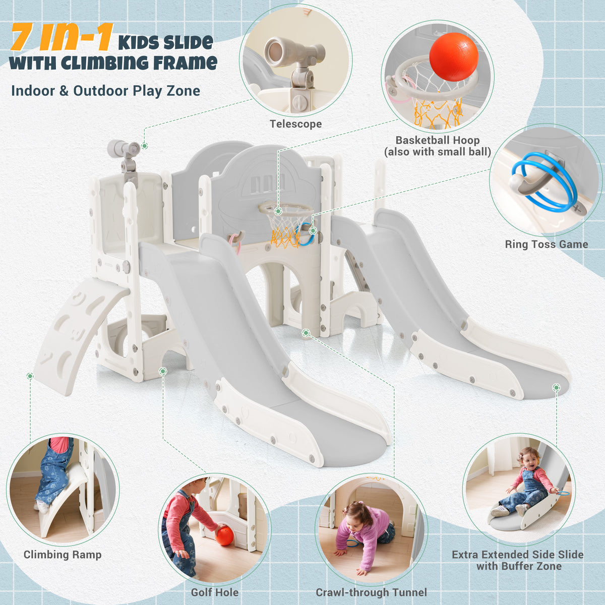 Kids Slide Playset Structure 7 In 1, Freestanding Space Set With Slide, Arch Tunnel, Ring Toss And Basketball Hoop,Double Slides For Toddlers, Kids Climbers Playground Grey White Hdpe