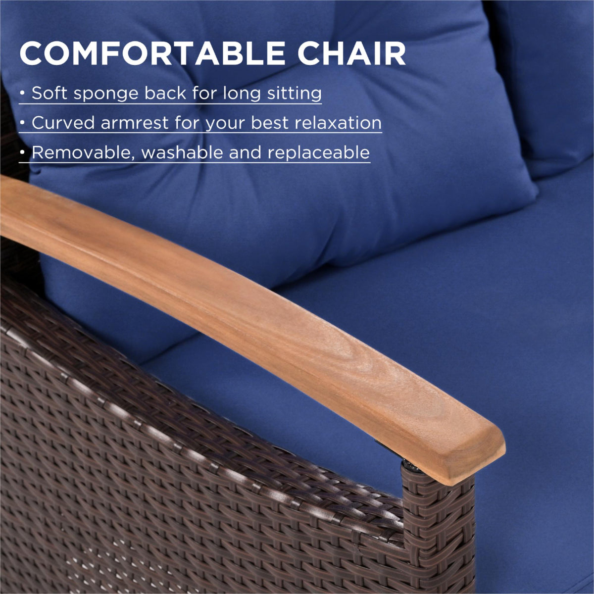 4 Piece Garden Furniture, Patio Seating Set, Pe Rattan Outdoor Sofa Set, Wood Table And Legs, Brown And Blue Yes Blue Shredded Polyurethane Foam Polyester,Wicker