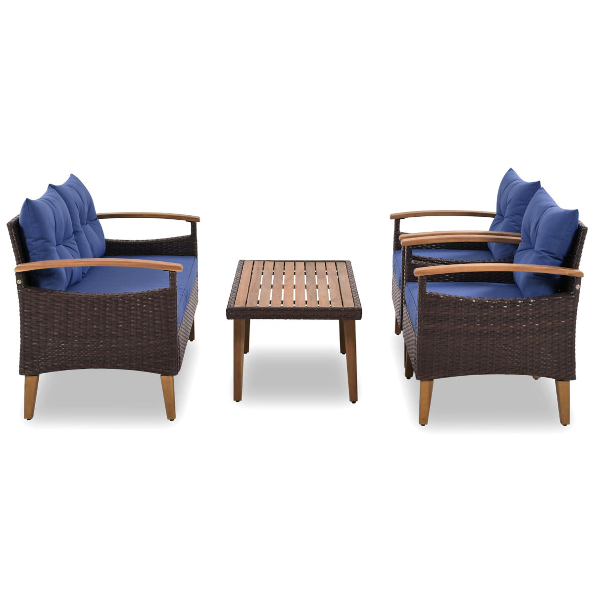 4 Piece Garden Furniture, Patio Seating Set, Pe Rattan Outdoor Sofa Set, Wood Table And Legs, Brown And Blue Yes Blue Shredded Polyurethane Foam Polyester,Wicker
