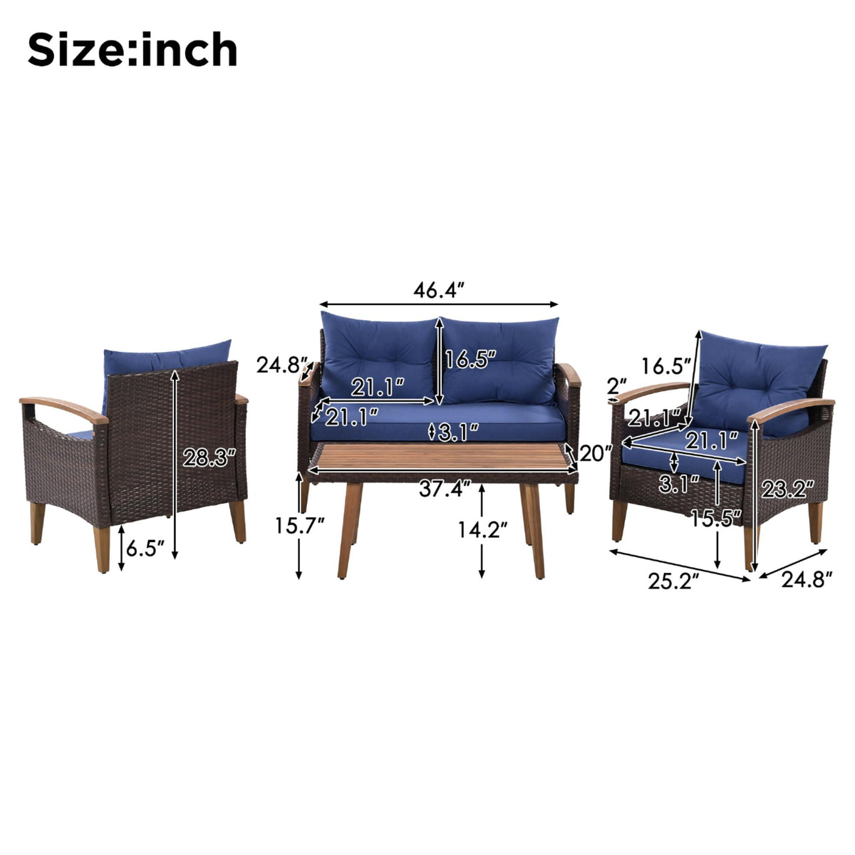 4 Piece Garden Furniture, Patio Seating Set, Pe Rattan Outdoor Sofa Set, Wood Table And Legs, Brown And Blue Yes Blue Shredded Polyurethane Foam Polyester,Wicker