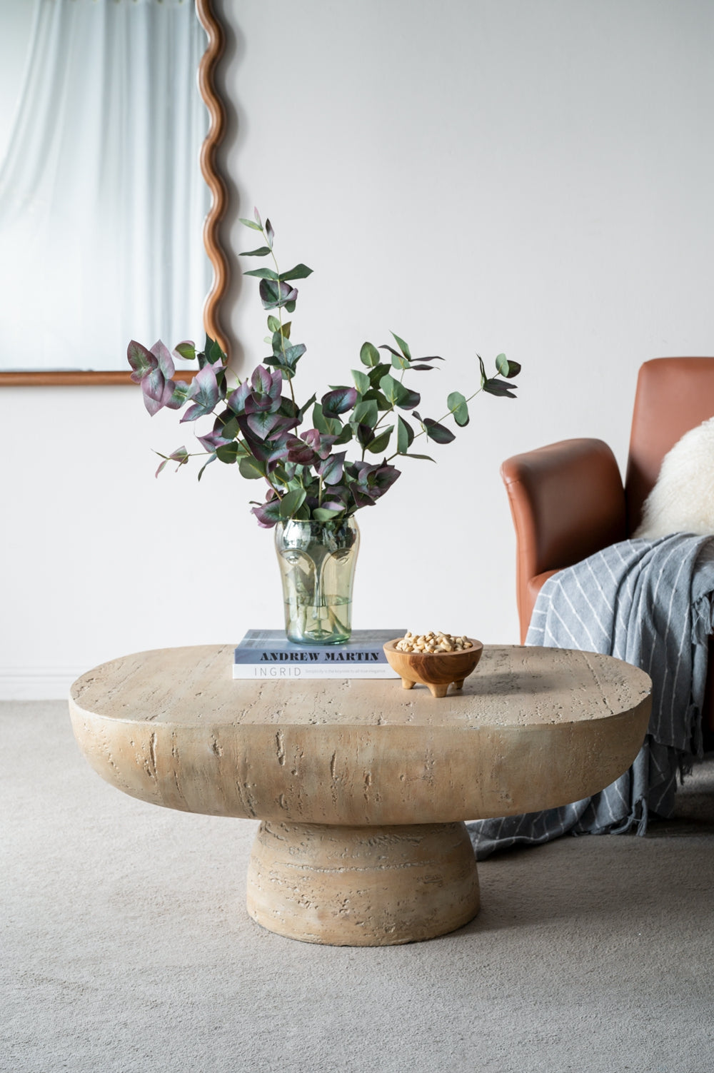 36X24X15" Cream Oval Coffee Table Cream Primary Living Space Contemporary,Industrial,Minimalist,Modern,Ultra Modern Magnesium Oxide