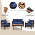 4 Piece Garden Furniture, Patio Seating Set, Pe Rattan Outdoor Sofa Set, Wood Table And Legs, Brown And Blue Yes Blue Shredded Polyurethane Foam Polyester,Wicker